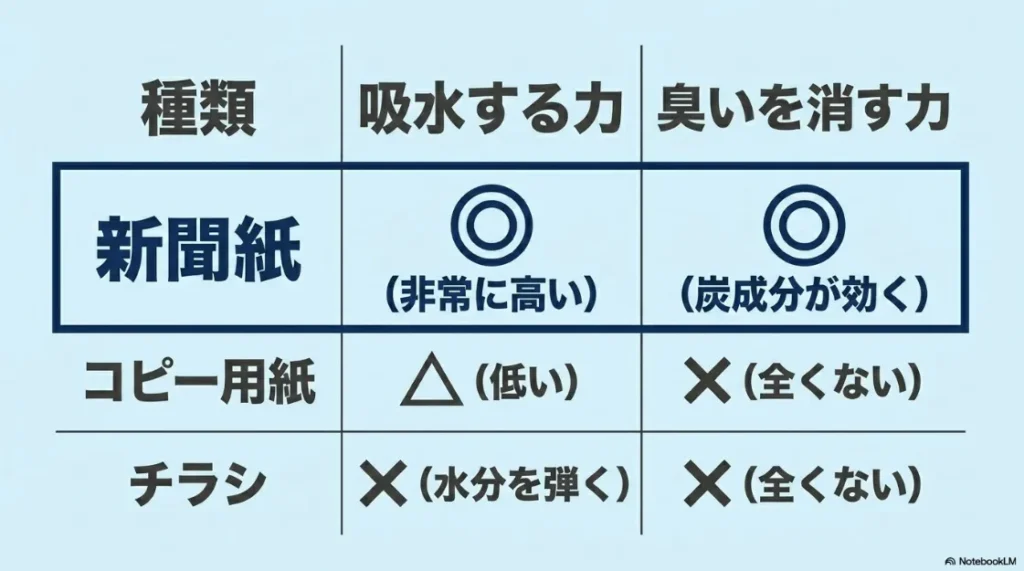 新聞紙、コピー用紙、チラシの吸水性と消臭効果を比較した表