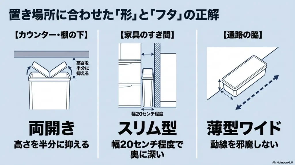 ペダル式ゴミ箱を選ぶ際のチェックポイントをまとめたスライド。手が塞がっていても開けられる利便性と、静かに閉まるソフトクローズ機能の重要性を強調しています。