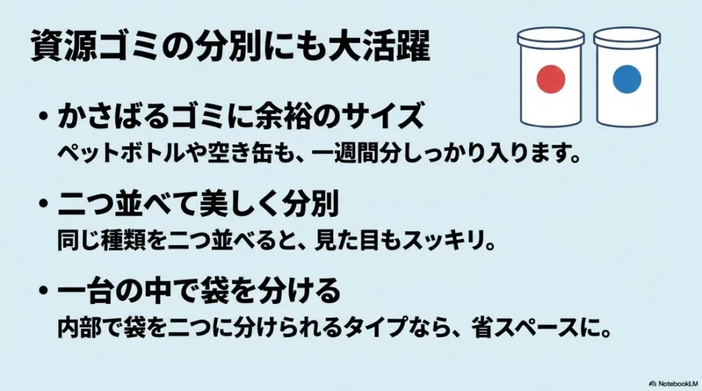 資源ゴミ分別のアイデア。2つ並べて美しく分別する方法や、1台の内部で袋を分けて省スペースに分別する方法を紹介。