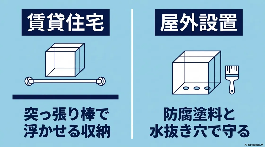 賃貸住宅での突っ張り棒を活用した浮かせる収納と、屋外設置での防腐塗料・水抜き穴による対策 。