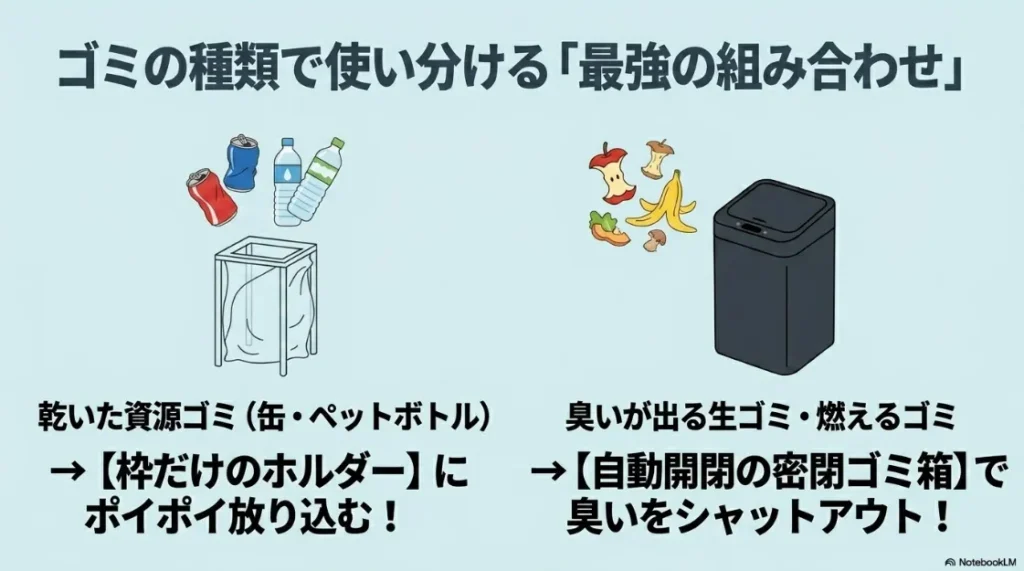 乾いた資源ゴミ（缶・ペットボトル）は枠だけのホルダーに放り込み、臭いが出る生ゴミは自動開閉の密閉ゴミ箱でシャットアウトする使い分けのイラスト