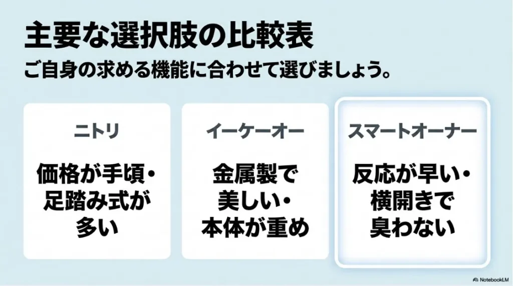 ニトリ（手頃・ペダル式）、イーケーオー（ステンレス・重め）、スマートオーナー（横開き・臭わない）の特徴をまとめた主要ブランド比較表