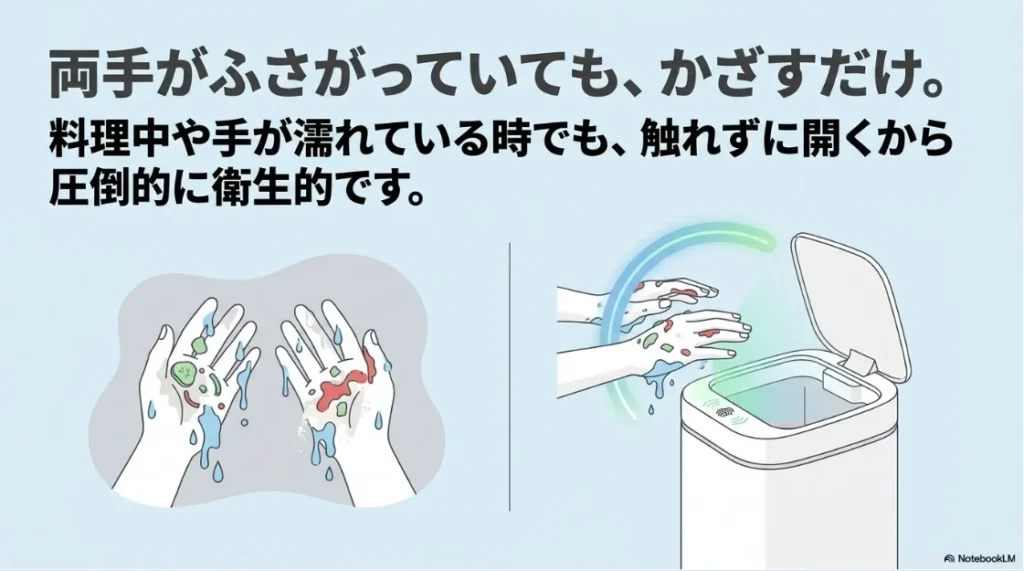 両手がふさがっていても手をかざすだけで触れずに開き、料理中や手が濡れている時でも衛生的に使えることを説明するイラスト