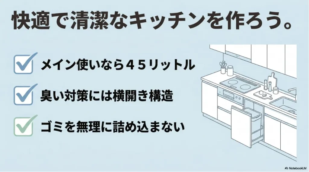 メイン使いは45L、臭い対策は横開き、無理に詰め込まないという、快適で清潔なキッチンを作るための失敗しないポイントまとめ