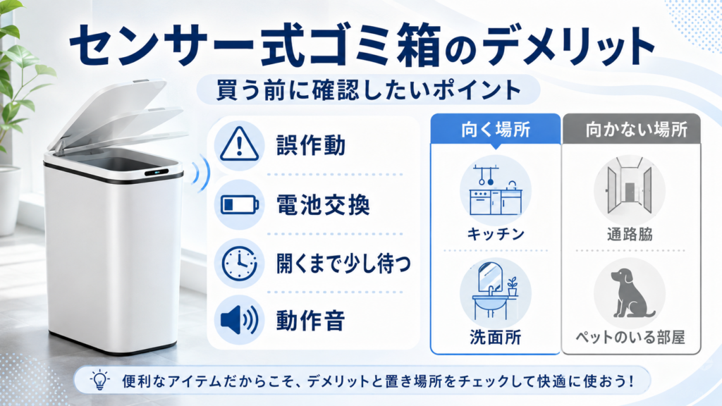 センサー式ゴミ箱の4つのデメリットと、キッチン・洗面所など向く場所、通路脇・ペットのいる部屋など向かない場所を示した画像