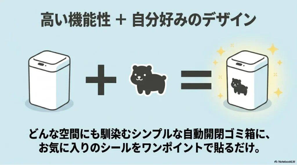 シンプルな自動開閉ゴミ箱にお気に入りのシールをワンポイントで貼る、高い機能性と自分好みのデザインを両立するDIYのイメージ図