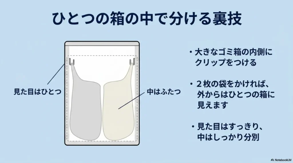 ひとつの大きなゴミ箱の内側にクリップをつけて2枚の袋をかける分別の裏技