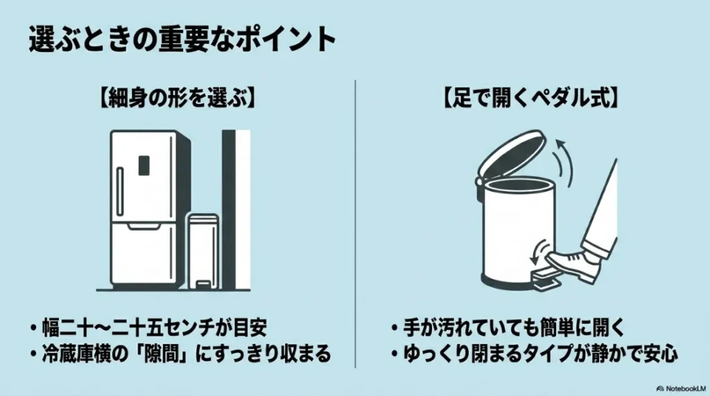 ゴミ箱選びの重要ポイント。幅20〜25cmのスリム形状が冷蔵庫横に収まることや、手が汚れていても開く足踏みペダル式の便利さを説明。