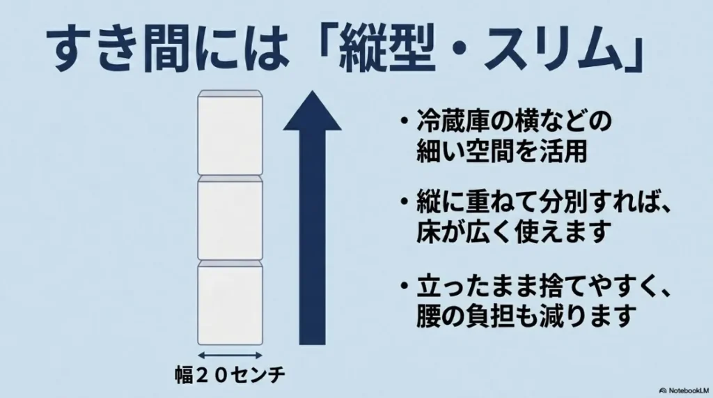 幅20センチのスリムな縦型ゴミ箱を活用したすき間と省スペースの分別術
