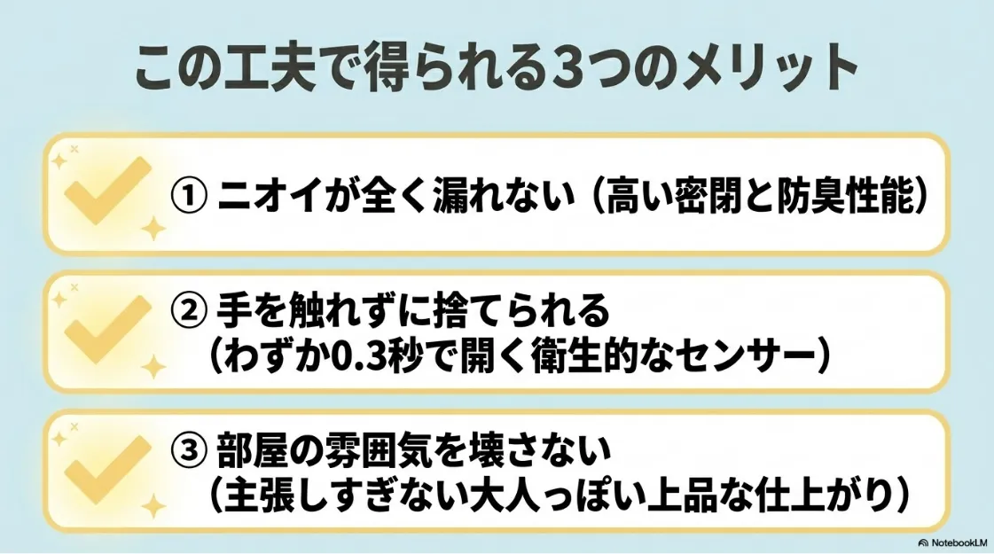自動開閉ゴミ箱のステッカーアレンジで得られる3つのメリット（高い密閉防臭性能、0.3秒の非接触センサー、部屋の雰囲気を壊さない上品な仕上がり）のまとめ