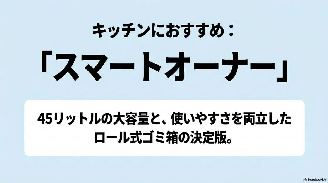 キッチンにおすすめの45リットル大容量ロール式ゴミ箱の決定版として「スマートオーナー」を紹介するタイトルスライド。