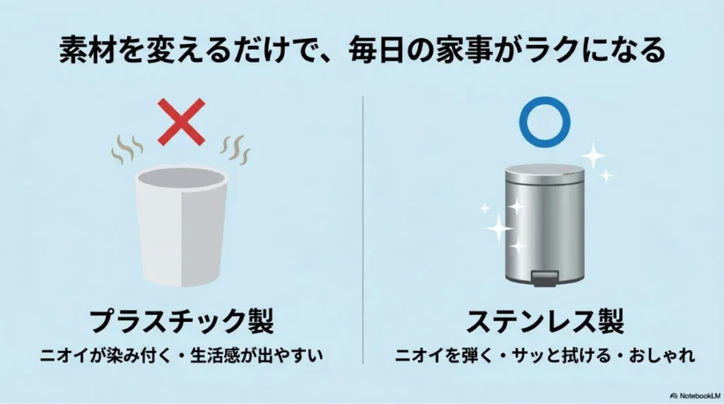 プラスチック製とステンレス製ゴミ箱を比較し、防臭性やデザイン性の違いを示した図