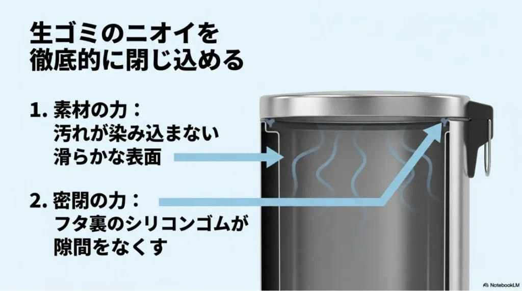 ステンレス素材と密閉パッキンによる防臭構造を解説したイメージ図