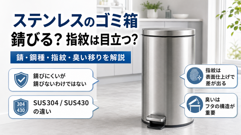 ステンレス製ゴミ箱の錆びやすさ、SUS304とSUS430の違い、指紋、臭い対策を解説したアイキャッチ画像