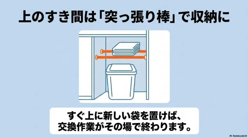 ゴミ箱の上のデッドスペースに突っ張り棒を渡し、ゴミ袋のストック置き場を作るDIYのアイデア図。