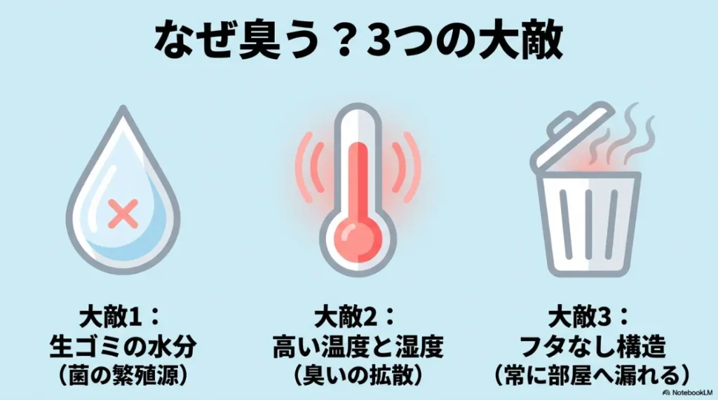 ゴミ箱が臭う3つの大敵である生ゴミの水分、高温多湿、フタなし構造