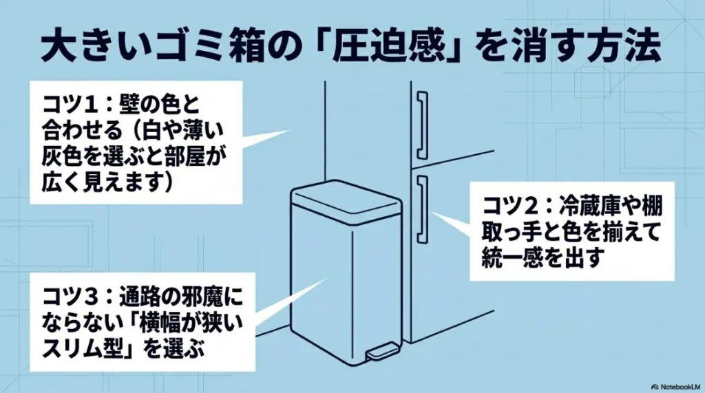 大きいゴミ箱の圧迫感を消す3つのコツ。壁の色と合わせる、スリム型を選ぶ、取っ手の色と揃えて統一感を出す方法