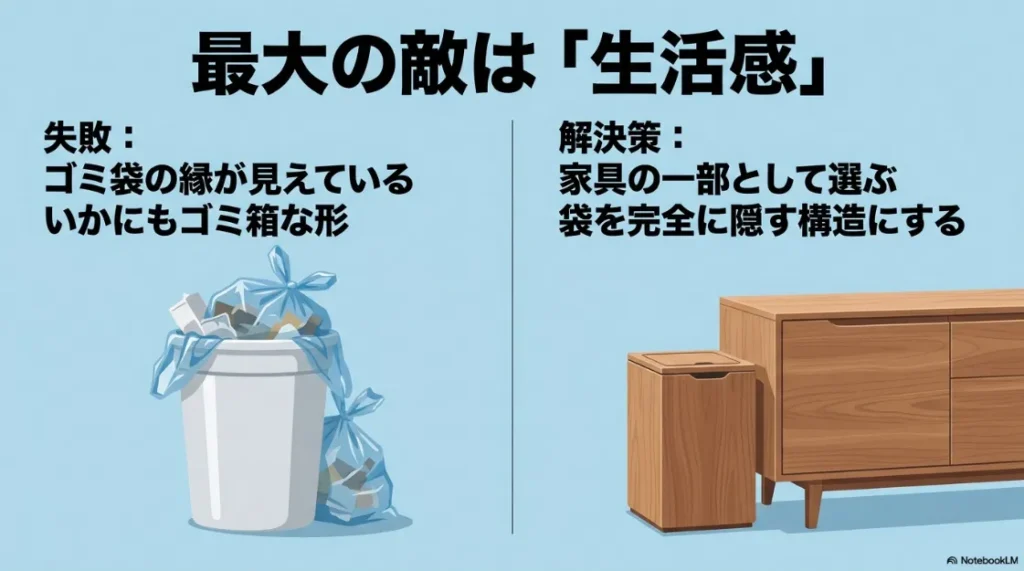生活感の原因となるゴミ袋の縁が見える失敗例と、家具の一部として袋を隠す構造にする解決策の比較