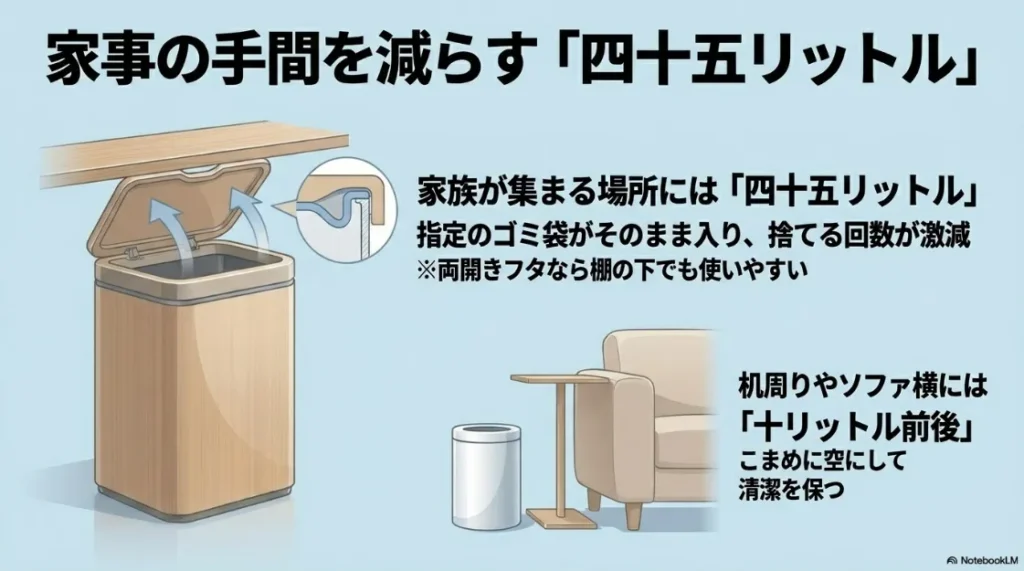 家族が集まる場所には45リットル、机周りやソファ横には7リットル前後の最適な容量選びと棚下で使いやすい両開きフタの紹介