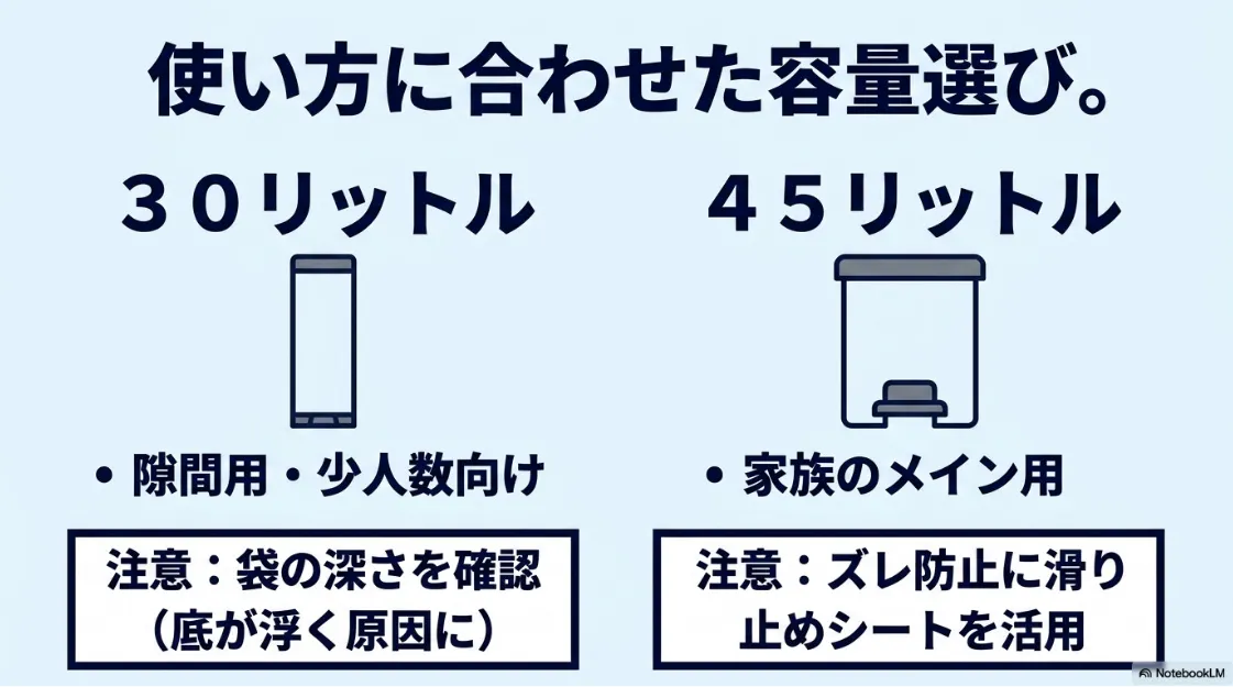 使い方に合わせた容量選びとして、30L（隙間・少人数向け、袋の深さに注意）と45L（家族のメイン用、滑り止めシートの活用）の選び方のポイントをまとめたスライド画像。