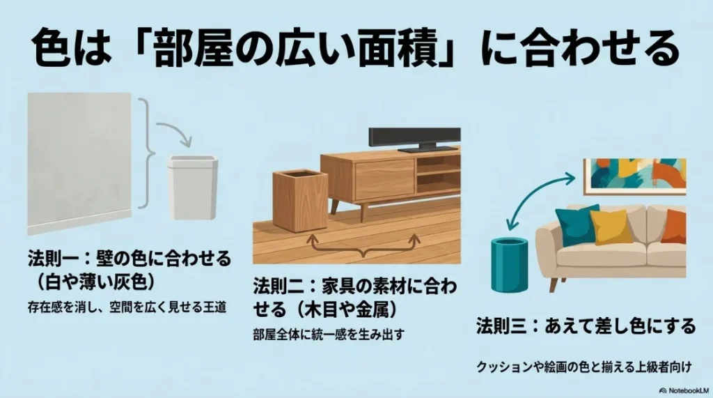 部屋に馴染むゴミ箱の色選び3つの法則。壁の色に合わせる、家具の素材に合わせる、あえて差し色にする方法