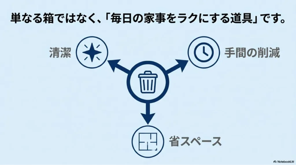 ゴミ箱を毎日の家事をラクにする道具と定義し、清潔・手間の削減・省スペースの3つのメリットを矢印で示したインフォグラフィック画像。
