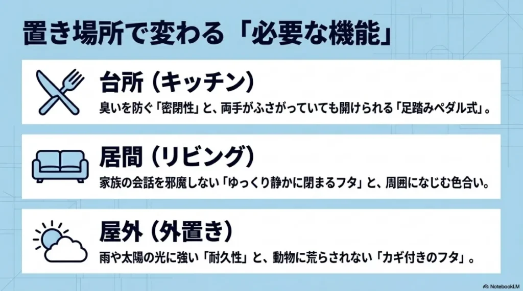 置き場所で変わるゴミ箱の必要機能。キッチン（密閉・ペダル）、リビング（静音フタ）、屋外（耐久性・カギ付き）のポイント