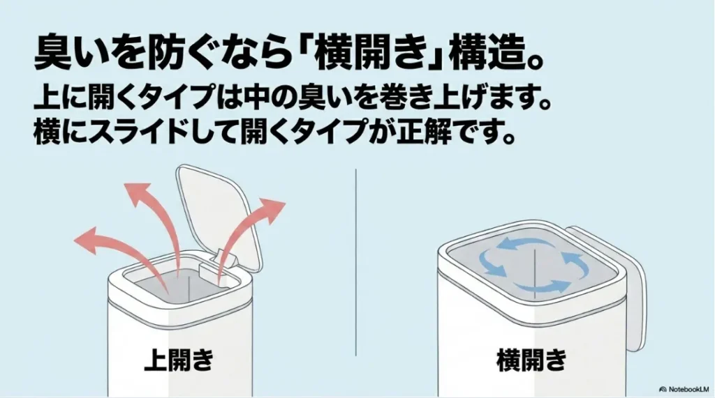 上に開くタイプは臭いを巻き上げるのに対し、横にスライドして開くタイプは臭いを防げる構造の違いを比較したイラスト