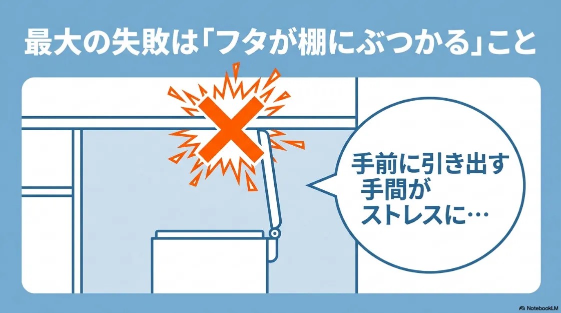 ゴミ箱のフタが棚にぶつかり、手前に引き出す手間がストレスになるという、最大の失敗例を説明する図解。