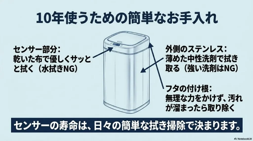 10年使うための簡単なお手入れ方法。センサー部分、ステンレス外装、フタの付け根の掃除のコツと注意点。