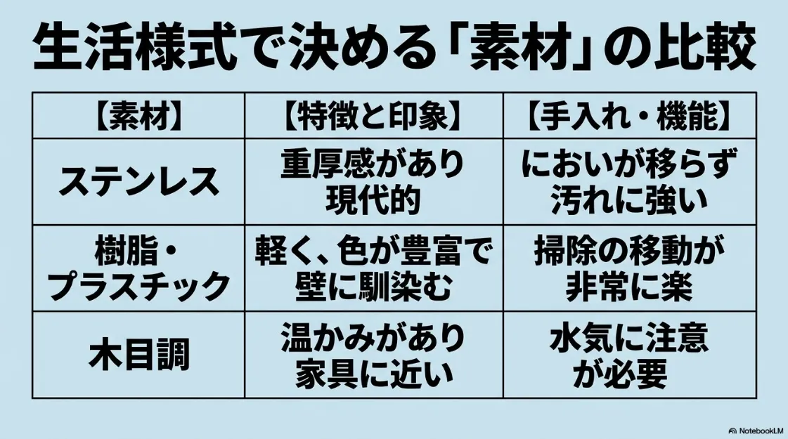 ステンレス、樹脂(プラスチック)、木目調のゴミ箱素材比較表。それぞれの特徴、印象、手入れのしやすさのまとめ