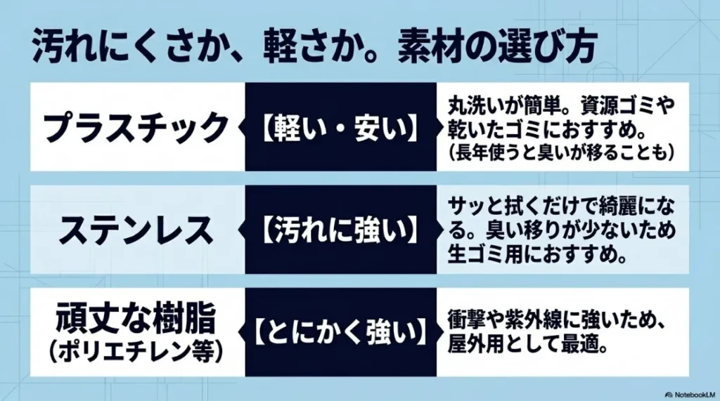 ゴミ箱素材の比較表。プラスチック（軽い・安い）、ステンレス（汚れ・臭いに強い）、頑丈な樹脂（衝撃・紫外線に強い）の特徴