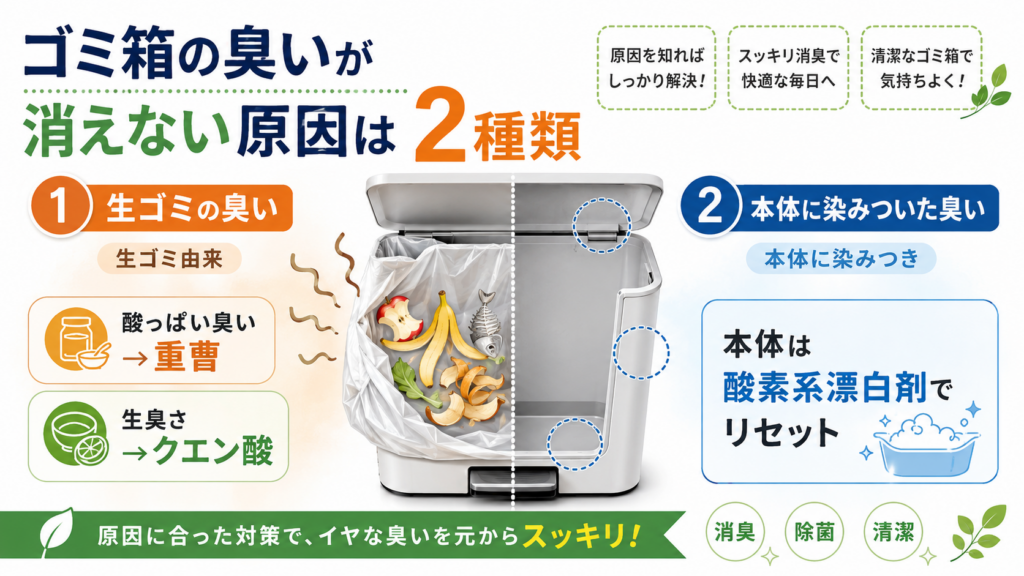 ゴミ箱の臭いが消えない2つの原因として、生ゴミ由来の臭いと本体に染みついた臭いを比較し、重曹・クエン酸・酸素系漂白剤による対策を示した画像