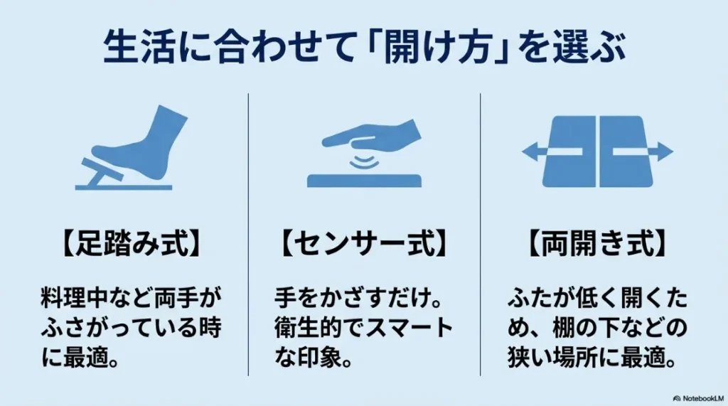 足踏み式、センサー式、両開き式など生活動線に合わせたゴミ箱の最適な開け方