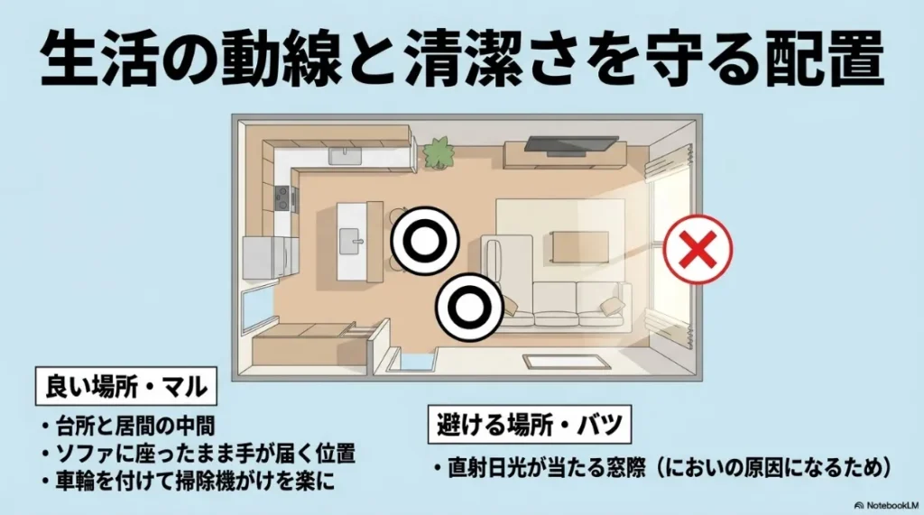 生活動線と清潔さを守る配置。キッチンと居間の中間などの良い場所と、直射日光が当たる窓際などの避けるべき場所