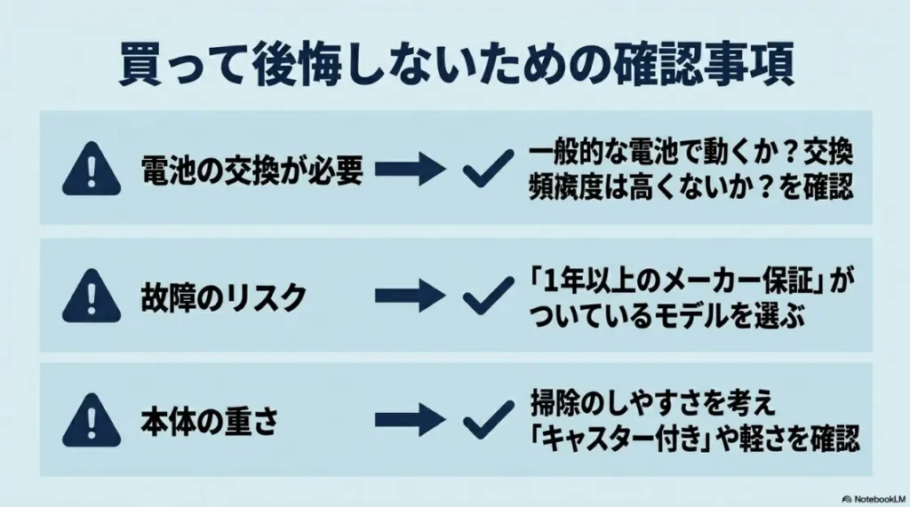 買って後悔しないための確認事項。電池の種類と頻度、1年以上のメーカー保証、掃除のしやすい本体の重さのチェックリスト。