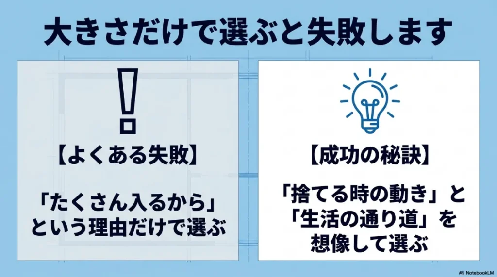ゴミ箱選びのよくある失敗と成功の秘訣。大きさだけで選ばず、捨てる時の動きと生活の通り道を想像して選ぶ重要性の解説