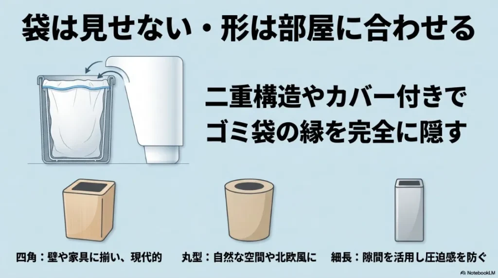 ゴミ袋を完全に隠す二重構造の図解と、四角・丸型・細長の形状によるインテリアの印象の違い