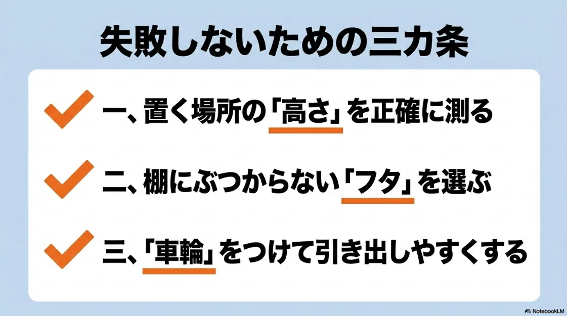 失敗しないための三カ条として「高さを測る」「フタを選ぶ」「車輪をつける」をまとめた最終確認スライド。