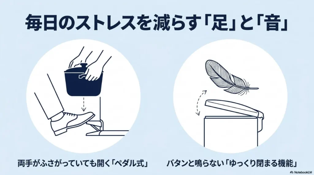 ゴミ箱のサイズ選びで最も重要な「蓋を開けた時の高さ」を解説するスライド。棚下やカウンター下に置く際に失敗しないための計測ポイントを図解しています。
