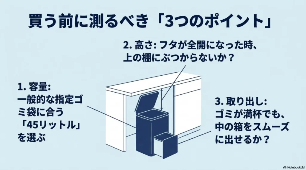 ゴミ箱を買う前に測るべき3つのポイント。45Lの容量、フタ全開時の高さ、インナーボックスの取り出しやすさの図解。