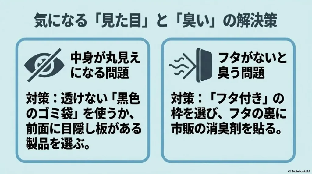 中身が丸見えになる問題には黒いゴミ袋や目隠し板、フタがないと臭う問題にはフタ付きの枠と消臭剤を使うという、見た目と臭いの解決策を説明した図