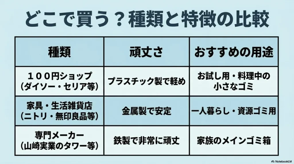 100円ショップ（プラスチック製）、家具・生活雑貨店（金属製）、専門メーカー（鉄製）の頑丈さとおすすめ用途を比較した一覧表