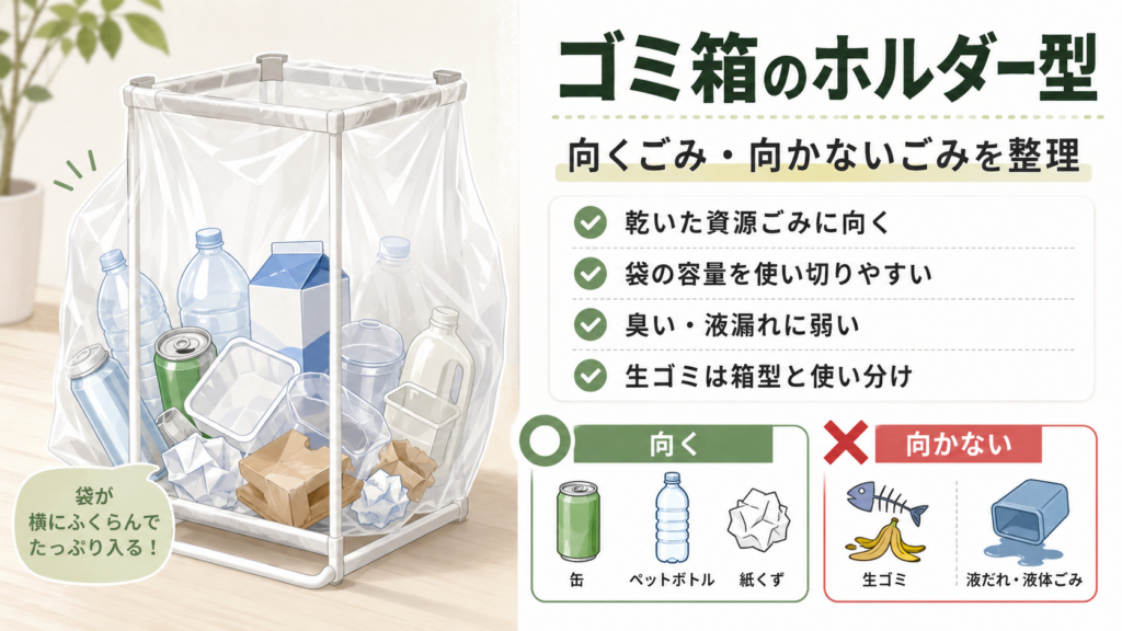 ホルダー型ゴミ箱に缶やペットボトルなどの乾いた資源ごみを入れ、生ゴミや液漏れするごみには向かないことを比較した図解。