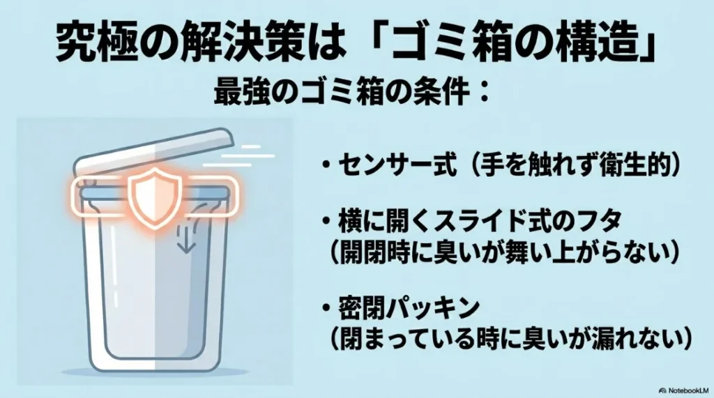 センサー式やスライド式のフタを備えた究極の解決策であるゴミ箱の構造