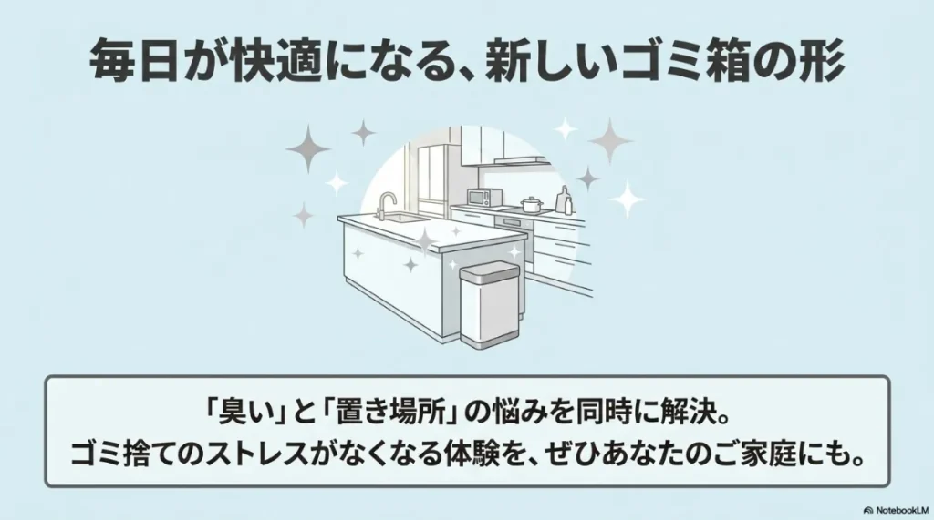 清潔感のあるキッチンに配置されたZitA。毎日が快適になる新しいゴミ箱の形を提案するイメージ。