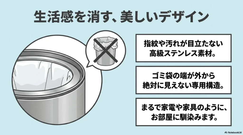 指紋が目立たない高級ステンレス素材と、ゴミ袋の端が外から絶対に見えない専用構造を解説するクローズアップ画像。