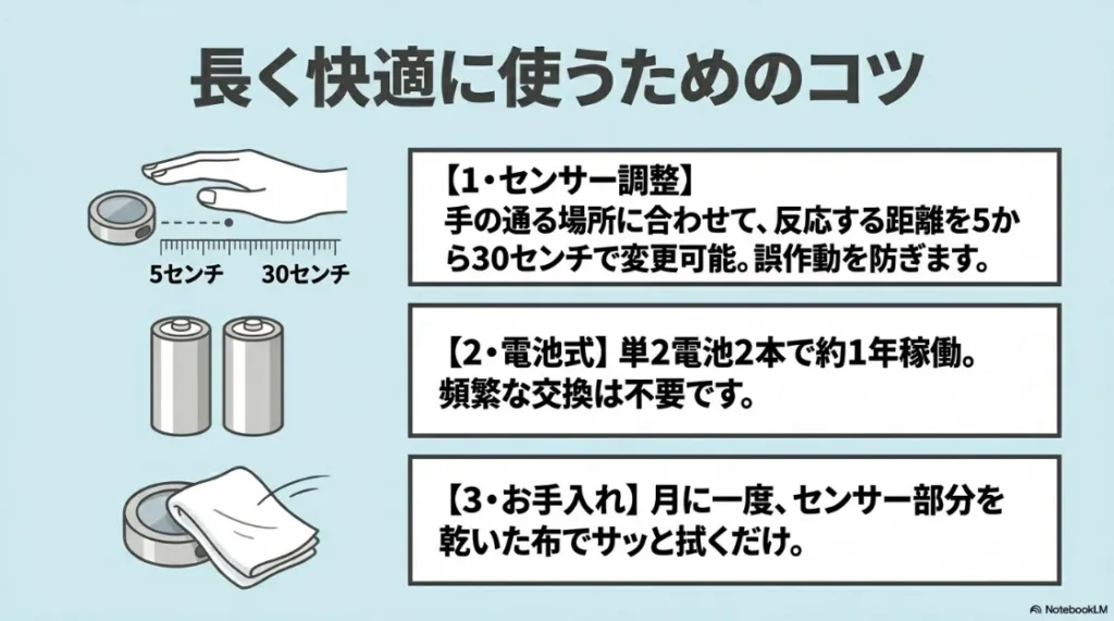長く快適に使うためのコツ。センサーの反応距離調整(5〜30cm)、電池寿命、月一度のお手入れ方法についての解説。