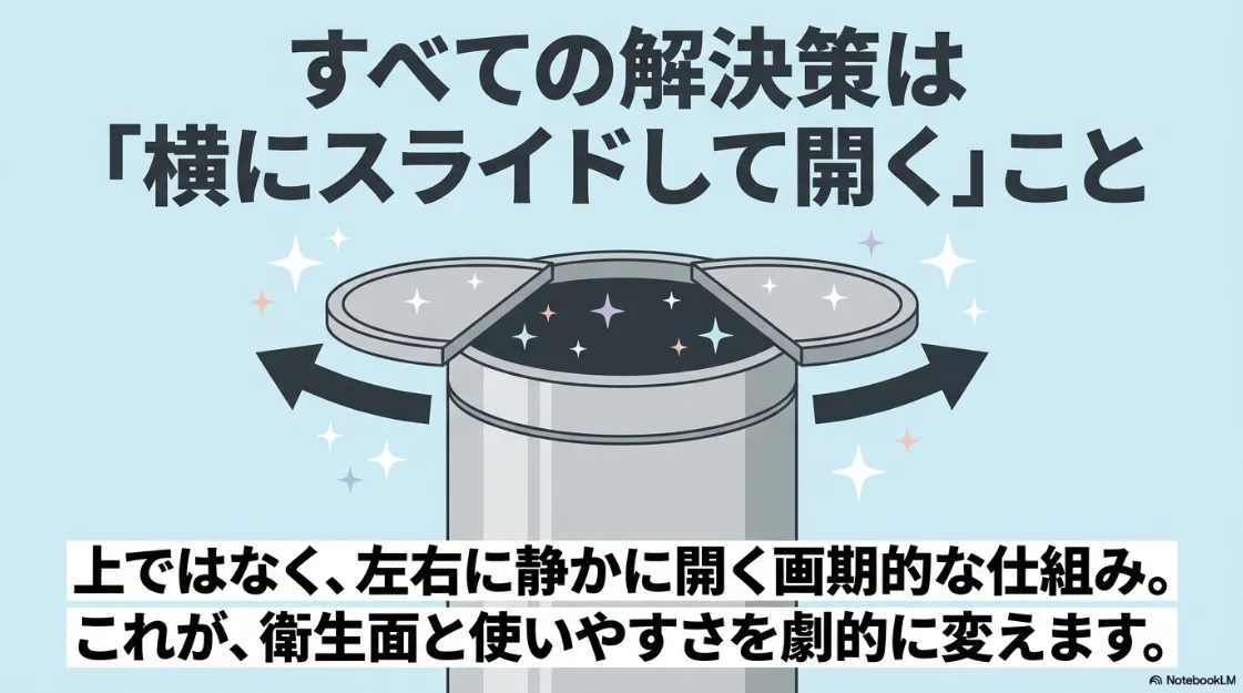 すべての悩みを解決する「横にスライドして開く」仕組み。左右に静かに開くことで衛生面と使いやすさが変わることを示すスライド。