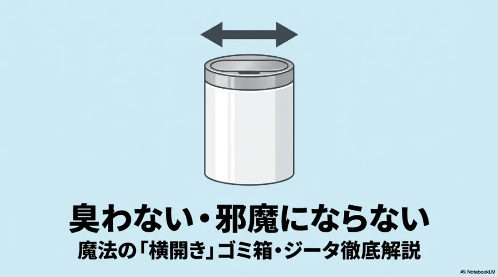 魔法の横開きゴミ箱「ZitA（ジータ）」の徹底解説ガイド。臭わない・邪魔にならないという特徴を強調した表紙画像。